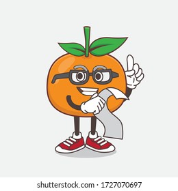An illustration of Mandarin Fruit cartoon mascot character holding a menu