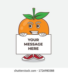 An illustration of Mandarin Orange cartoon mascot character with funny face hides behind a board