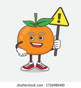 An illustration of Mandarin Orange cartoon mascot character rise up a warning sign