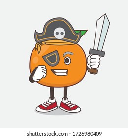 An illustration of Mandarin Orange cartoon mascot character in pirate style and wearing hat and sword