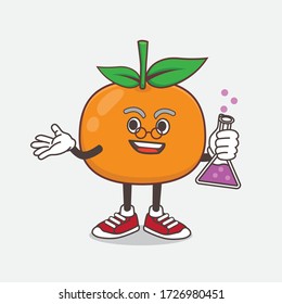 An illustration of Mandarin Orange cartoon mascot professor character with glass tube