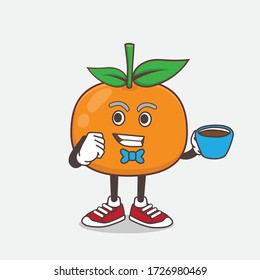 An illustration of Mandarin Orange cartoon mascot character with a cup of coffee