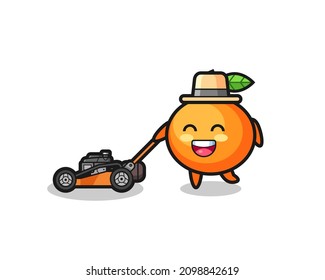 illustration of the mandarin orange character using lawn mower , cute style design for t shirt, sticker, logo element