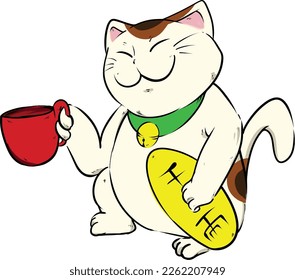 illustration of maneki neko drinking coffee