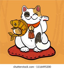 Illustration of maneki neko talisman cat beckoning wealth with an upright paw raised and golden fish. The cat sitting on the pillow in bamboo forest. Can be used as wallpaper  or for print design.