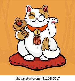 Illustration of maneki neko talisman cat beckoning wealth with an upright paw raised and golden hammer. The cat sitting on the pillow in bamboo forest. Can be used as wallpaper or for print design.