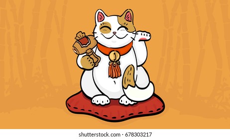 Illustration of maneki neko talisman cat beckoning wealth with an upright paw raised and golden hammer. The cat sitting on the pillow in bamboo forest. Can be used as wallpaper or for print design.