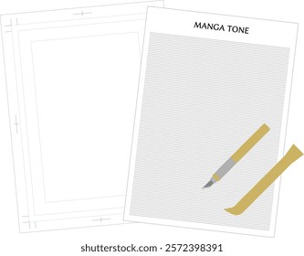 Illustration of manga manuscript paper, tone, tone cutter, and tone spatula.