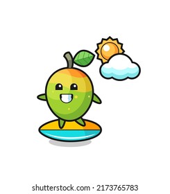 Illustration of mango cartoon do surfing on the beach , cute style design for t shirt, sticker, logo element