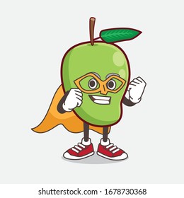 An illustration of Mango Fruit cartoon mascot character dressed as a Super hero