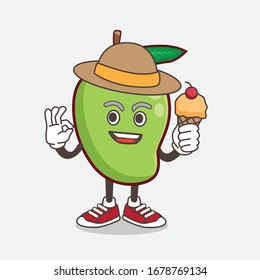 An illustration of Mango Fruit cartoon mascot character holding ice cream