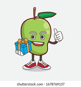 An illustration of Mango Fruit cartoon mascot character with gift