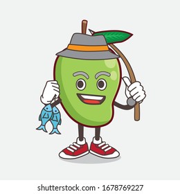 An illustration of Mango Fruit cartoon mascot character fishing with 2 fishes