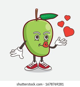 An illustration of Mango Fruit cartoon mascot character teasing with heart kiss