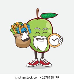 An illustration of Mango Fruit cartoon santa mascot character having a sack of gifts