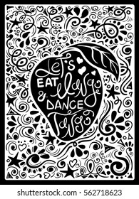 Illustration of mango silhouette and hand drawn lettering on a pattern background. Creative typography poster with phrase - let's eat mango and dance tango.