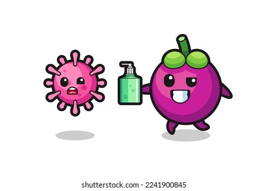 illustration of mangosteen character chasing evil virus with hand sanitizer , cute style design for t shirt, sticker, logo element