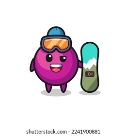 Illustration of mangosteen character with snowboarding style , cute style design for t shirt, sticker, logo element