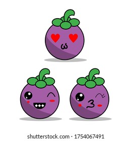 Ilustración de frutos de mangostino con expresión. Ilustración vectorial de frutos graciosos. Diseño de pegatinas de fruta.