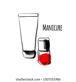 Illustration manicure objects, nail polish and cream in black and red color