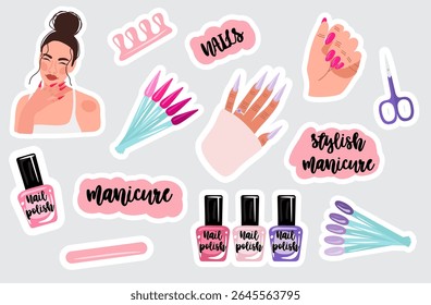 Illustration of manicure stickers on a gray background.