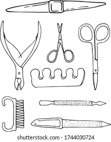 Illustration Manicure tools and accesories. A set of elements on the topic of nail manicure for shop, magazine, salon, poster and other.