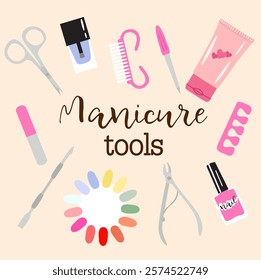 Illustration of manicure tools on pink background.