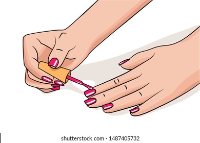 Illustration of manicured hands. Female applying a red polish on her nails. Manicure nail studio salon. Homemade procedure of skincare. isolated vector