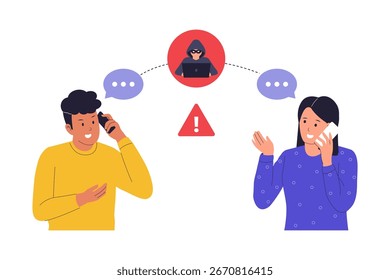 Illustration of Man-in-the-Middle Attack. Hacker Intercepting Communication Between Two People, Emphasizing the Threat of Unauthorized Access to Private Information. Vector Flat Illustration