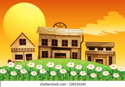 Illustration of man-made houses in the hills