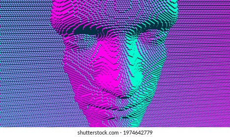 Illustration of an man's face created from small cubes. Anonymous social masking. Technology and robotics concept. Voxel art. 3D vector illustration.