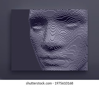 Illustration of an man's face created from small cubes. Anonymous social masking. Technology and robotics concept. Voxel art. 3D vector illustration.