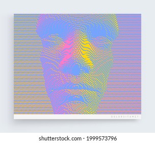 Ilustración de la cara de un hombre creada a partir de pequeños cubos. Enmascaramiento social anónimo. Concepto de tecnología y robótica. Ilustración vectorial 3D del arte Voxel.