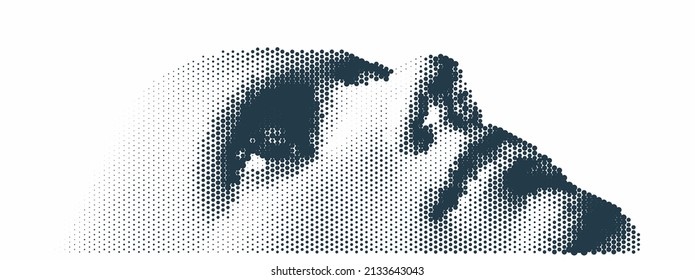 Illustration of an man's face created from small particle. Man looking up. Abstract digital human head. Minimalistic design for presentation, banner, flyer, poster, cover or brochure. 3d vector.