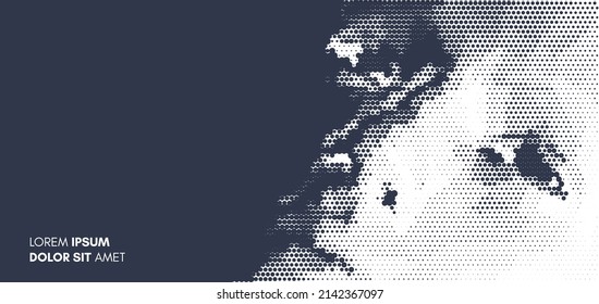 Illustration of an man's face created from small particle. Pixel art. 3D vector design for banner, flyer, poster, cover or brochure.