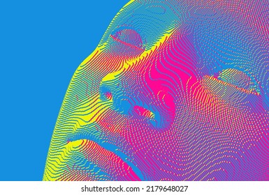 Illustration of an man's face created from small cubes. Anonymous social masking. Technology and robotics concept. Voxel art. 3D vector illustration.