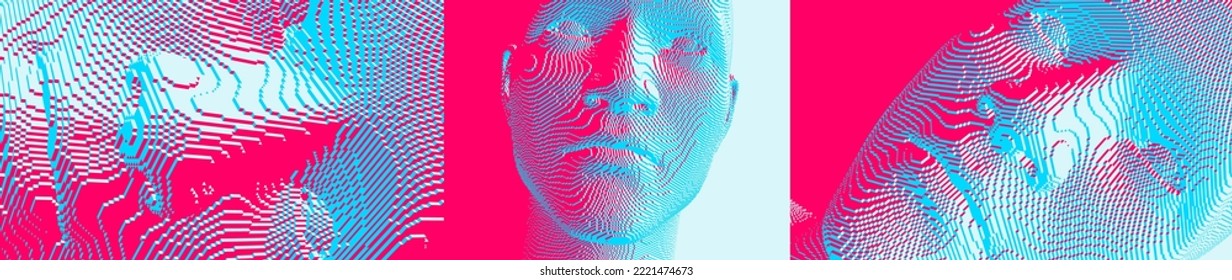 Illustration of an man's face created from small cubes. Anonymous social masking. Technology and robotics concept. Voxel art. 3D vector illustration.