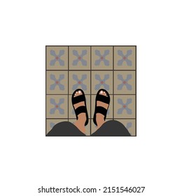 illustration of man's feet wearing black sandals on the floor background vector