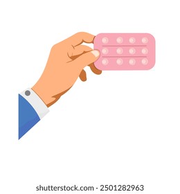 Illustration of a man's hand holding pink birth control pills, world contraception day icon, flat vector.