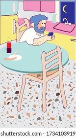 Illustration of a man's self-isolation in a fun style. Scene in the kitchen, where a man is sitting at the table.