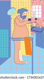 Illustration of a man's self-isolation in a fun style. A scene in the bathroom where a man takes a shower and looks at the phone.