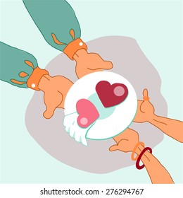 Illustration of man's and women's hands holing plate with two hearts