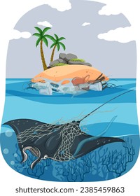 Illustration of a manta ray trapped in a fishnet due to marine pollution