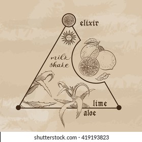 Illustration of manuscript recipe potion with lime and aloe vera