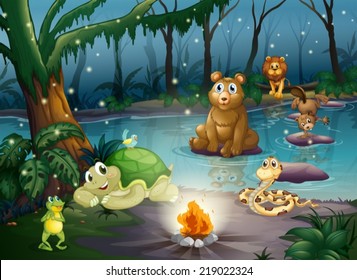 Illustration of many animals around a campfire