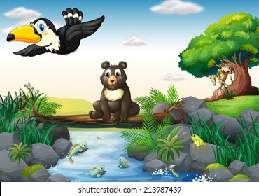 Illustration of  many animals around the stream