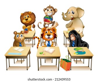Illustration vieler Tiere in einem Klassenzimmer