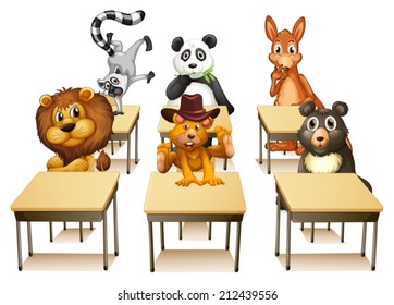 Illustration of many animals in a classroom