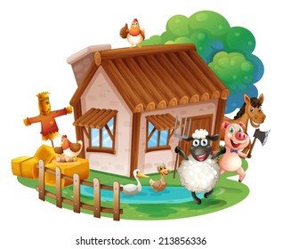 Illustration of many animals and a cottage