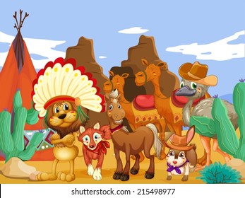 Illustration of many animals in the desert